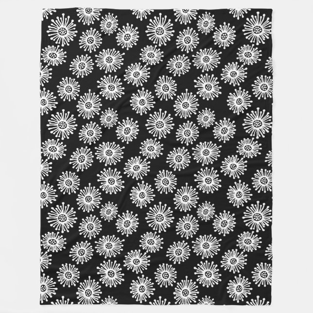 Couverture Polaire Fleurs à main - Blanc sur Noir (Devant)
