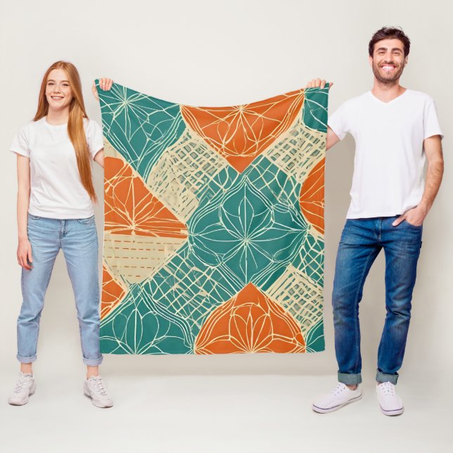Couverture Polaire Fleurs abstraites sarcelle, orange et chamois (En situation)