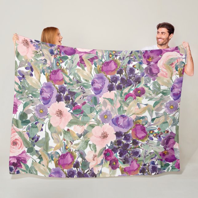 Couverture Polaire Fleurs aquarelles boho rose violet (En situation)