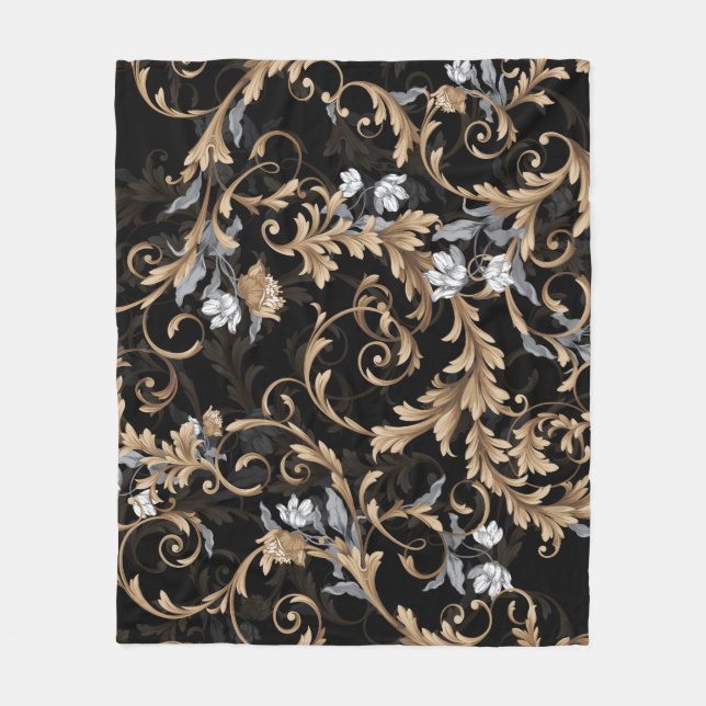 Couverture Polaire Fleurs baroques classiques : arrière - plan noir. (Devant)