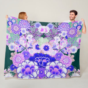 Couverture Polaire FLEURS BLANCHES BLEUES PIONNIÈRES, Floral japonais