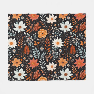 Couverture Polaire Fleurs blanches orange Noir