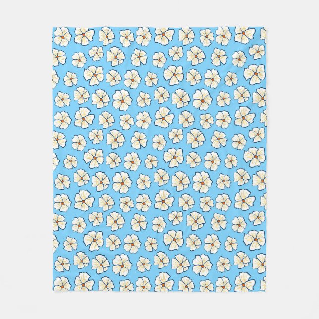Couverture Polaire Fleurs blanches sur fond bleu (Devant)