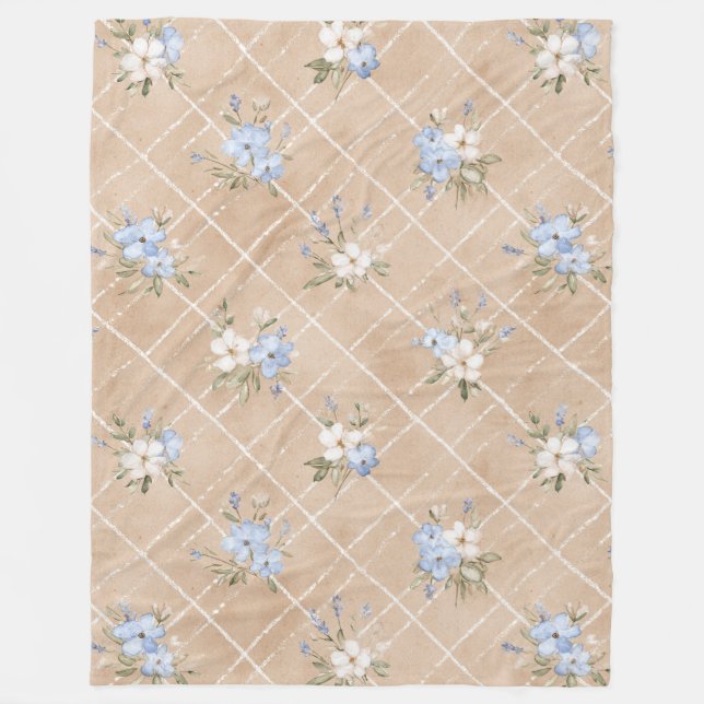 Couverture Polaire Fleurs Bleues Blanches Beige (Devant)