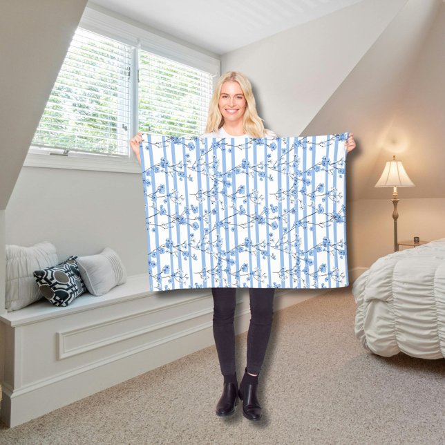 Couverture Polaire Fleurs Bleues Élégantes Motif Rayé (Créateur téléchargé)