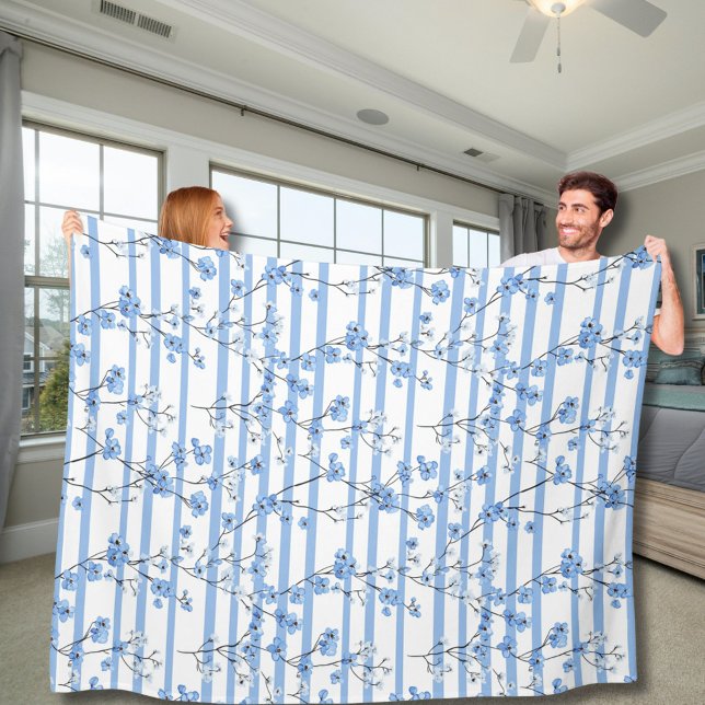 Couverture Polaire Fleurs Bleues Élégantes Motif Rayé (Créateur téléchargé)