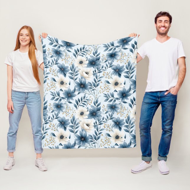 Couverture Polaire Fleurs bleues et beiges (En situation)