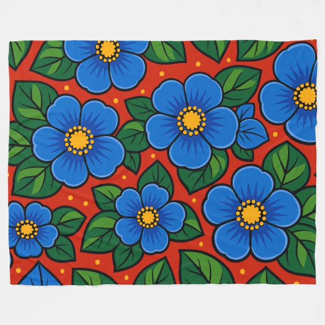 Couverture Polaire Fleurs bleues et feuilles vertes sur fond rouge (Devant (Horizontal))