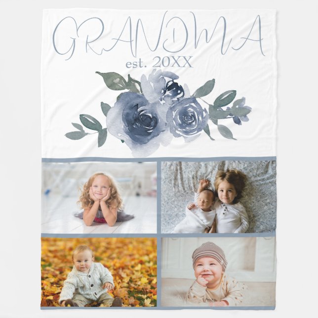 Couverture Polaire Fleurs bleues et photos pour grand-mère (Devant)