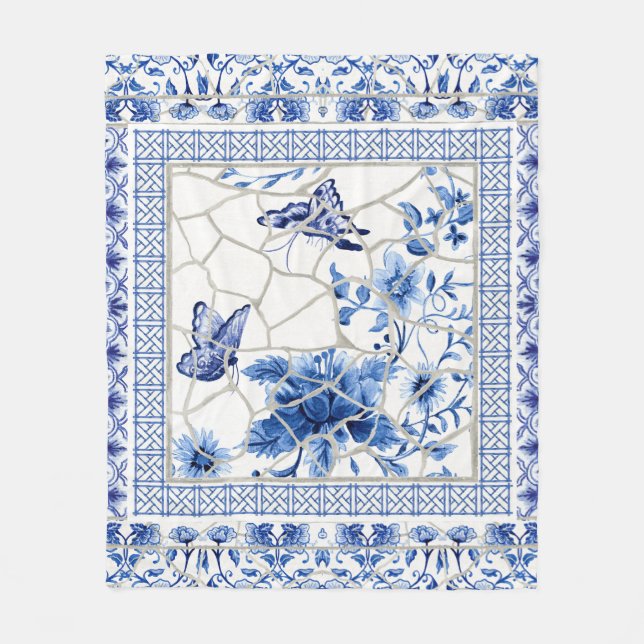 Couverture Polaire Fleurs chic de la Chinoiserie blanche et bleue des (Devant)