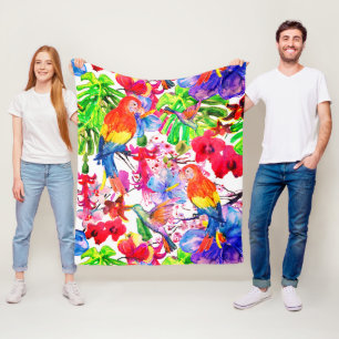 Couverture Polaire Fleurs Colorées Élégantes Et Oiseaux De Perroquet