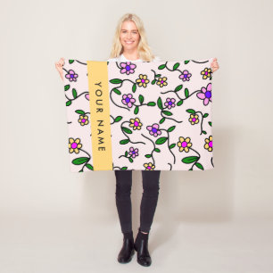 Couverture Polaire Fleurs Colorées, Fond Rose, Jaune