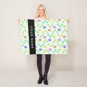 Couverture Polaire Fleurs Colorées, Fond Vert Clair, Noir