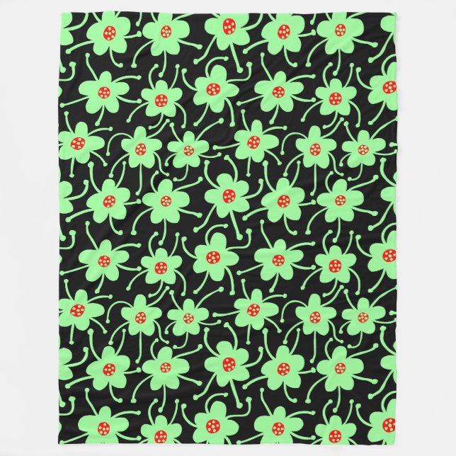 Couverture Polaire Fleurs concurrentes - Mint vert et rouge sur noir (Devant)