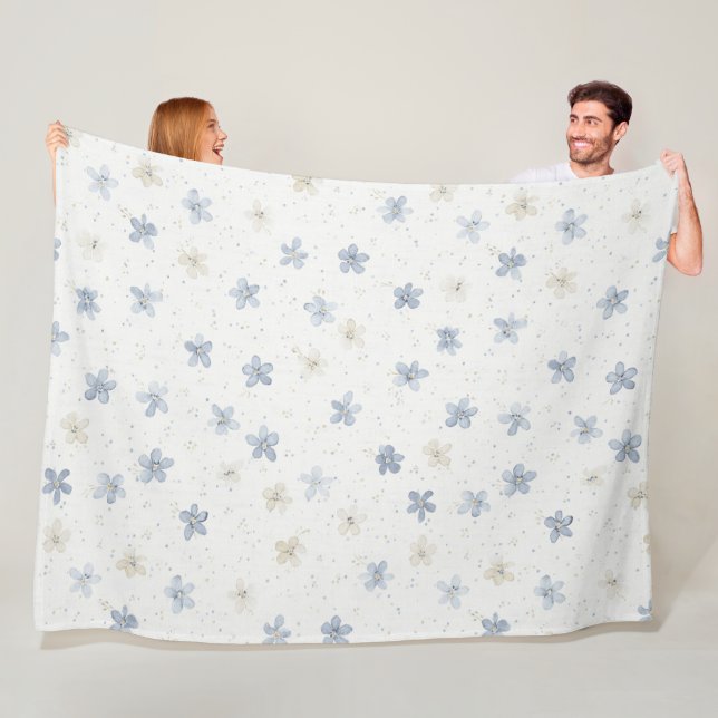 Couverture Polaire Fleurs Crème Bleu Chic   (En situation)