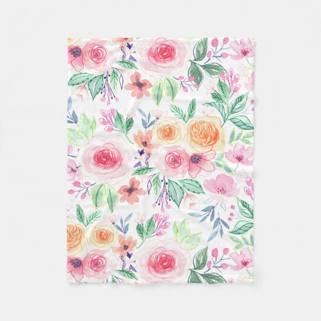 Couverture Polaire Fleurs d'aquarelle et feuilles (Devant)