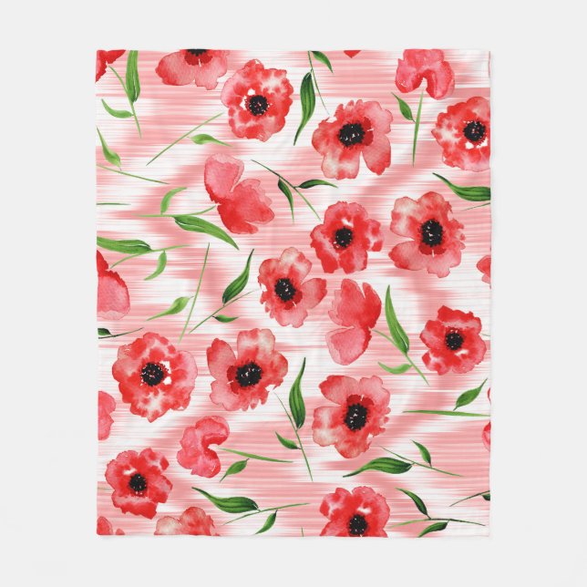 Couverture Polaire Fleurs d'aquarelle : ikat de pavot. (Devant)