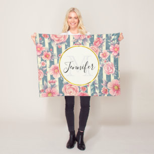 Couverture Polaire Fleurs d'aquarelle rose sur bandes Monogramme