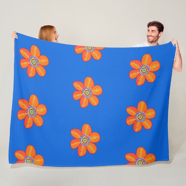 Couverture Polaire Fleurs d'art bleu orange (En situation)