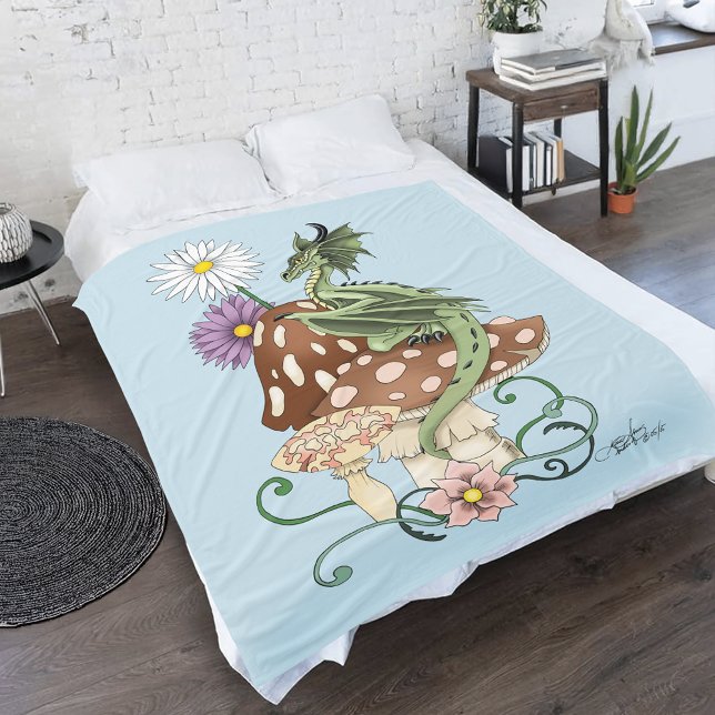 Couverture Polaire Fleurs de Champignon Dragon Fantastique Vert Capri (Créateur téléchargé)