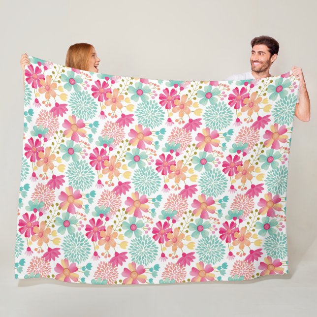 Couverture Polaire Fleurs de Jardin Peintes Pastels Turquoise Rose (En situation)