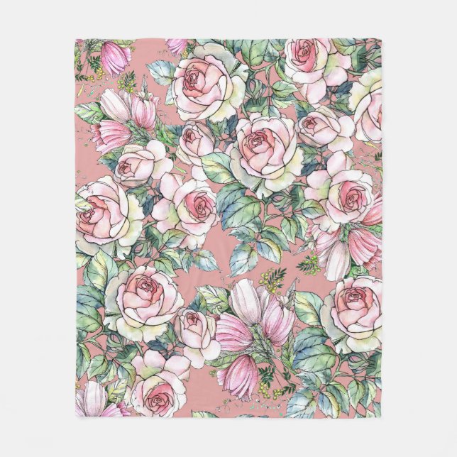 Couverture Polaire Fleurs de jardin rose avec tulipes peintes en wate (Devant)