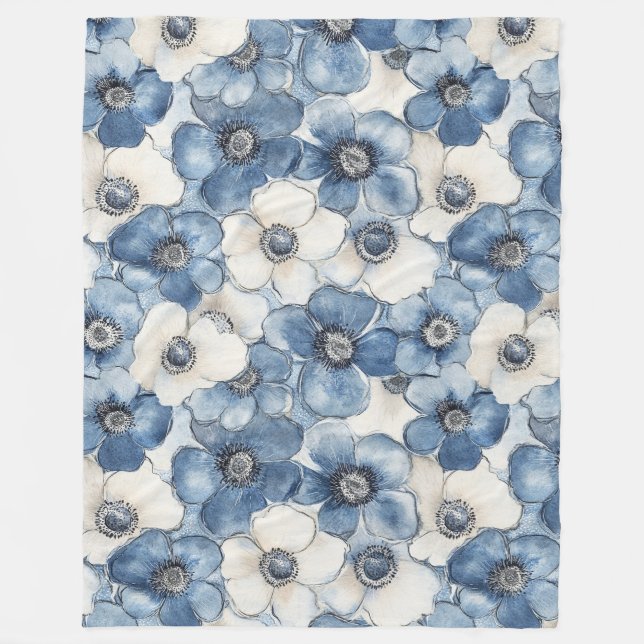 Couverture Polaire Fleurs de Jean Bleu Blanc Anniversaire (Devant)