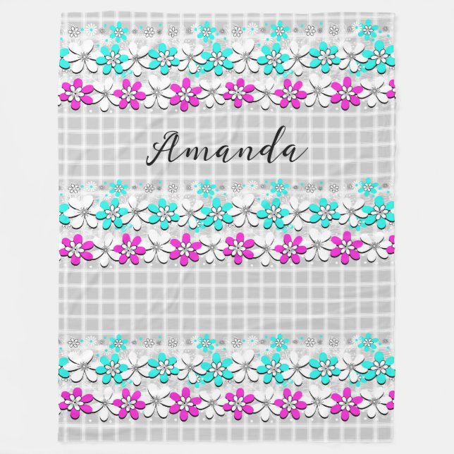Couverture Polaire Fleurs de néon en papier sur un à damiers gris-bla (Devant)