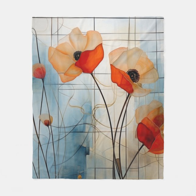 Couverture Polaire Fleurs de pavot abstraites dans un style géométriq (Devant)