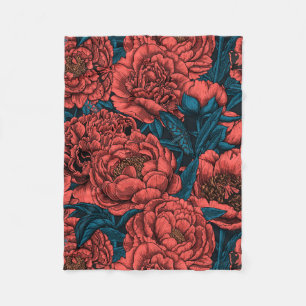 Couverture Polaire Fleurs de pivoine rouges et papillons de nuit