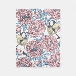 Couverture Polaire Fleurs de pivoines et oiseaux
