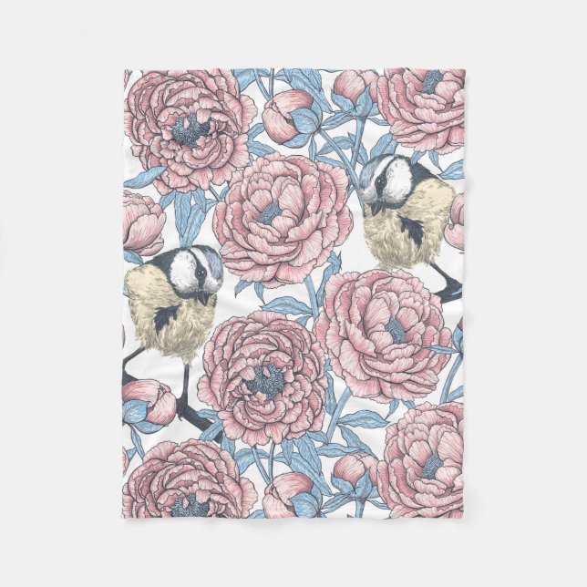 Couverture Polaire Fleurs de pivoines et oiseaux (Devant)