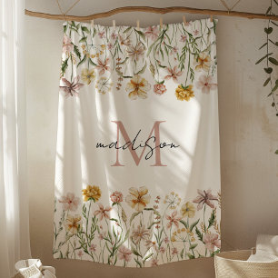 Couverture Polaire Fleurs de prairie sauvage à aquarelle monogrammée
