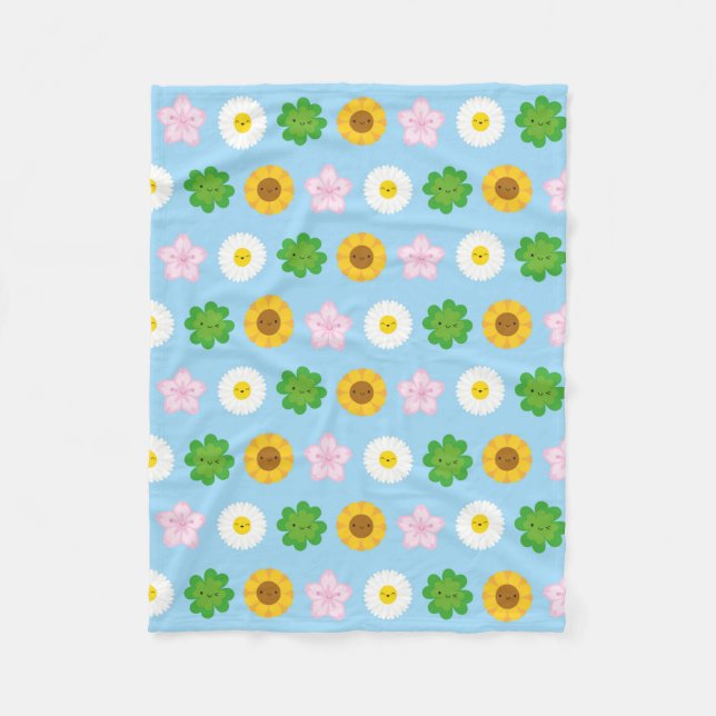 Couverture Polaire Fleurs de printemps Kawaii (Bleu) (Devant)