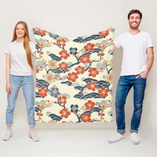 Couverture Polaire Fleurs de prunier japonais Ume Bleu marine Crème
