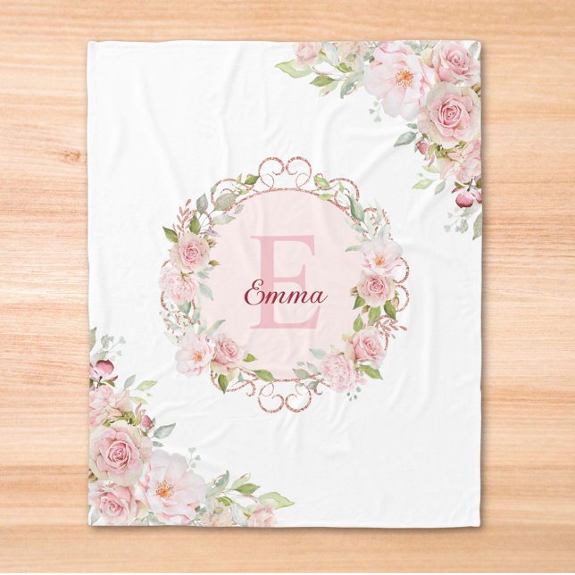 Couverture Polaire Fleurs de rose rose blush aquarelle monogramme flo (Close up)