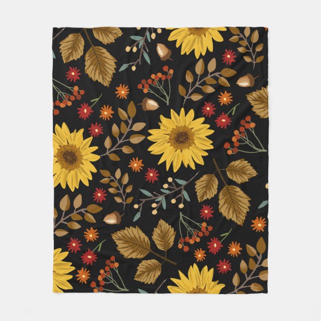 Couverture Polaire Fleurs de soleil d'automne : Arrière - plan noir d (Devant)
