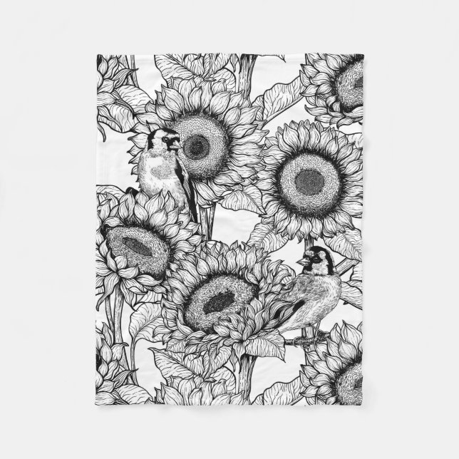 Couverture Polaire Fleurs de soleil et ailerons en noir et blanc (Devant)