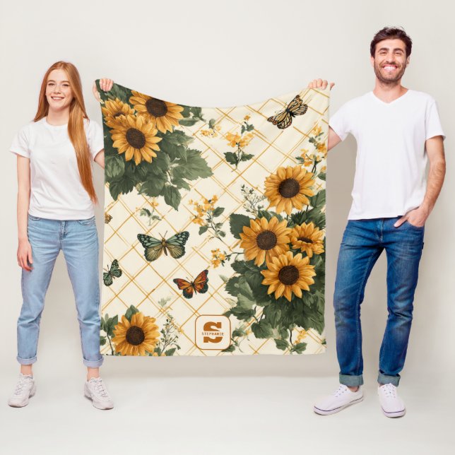 Couverture Polaire Fleurs de soleil et papillons sur Jaune clair (En situation)