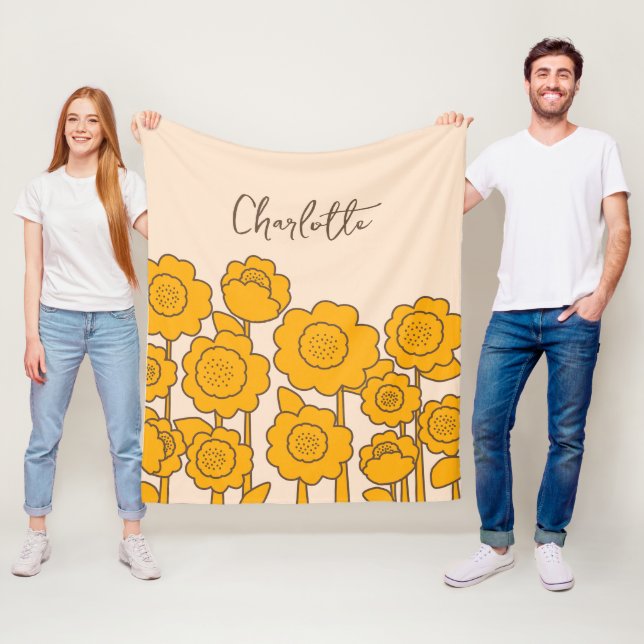 Couverture Polaire Fleurs de soleil jaunes Nom personnalisable (En situation)