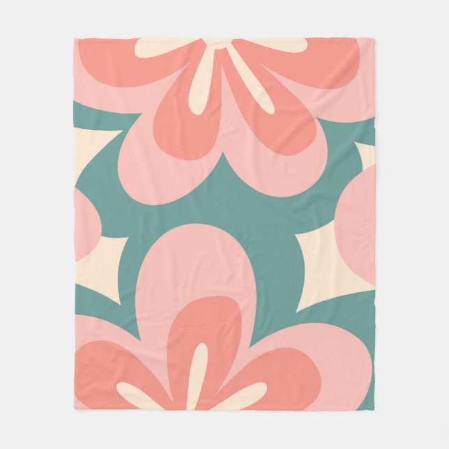 Couverture Polaire Fleurs de style rétro rose et turquoise (Devant)
