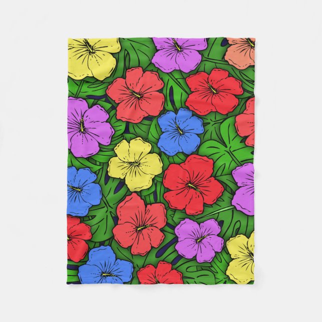 Couverture Polaire Fleurs d'Hibiscus & Feuilles de Monstera (Devant)