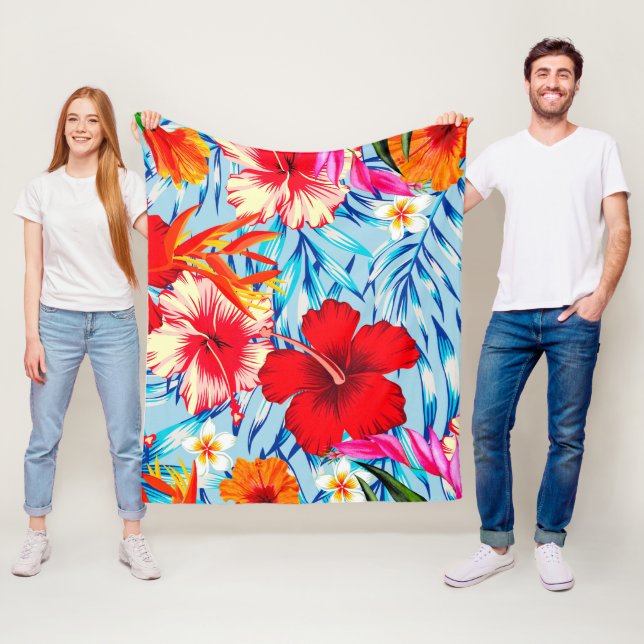 Couverture Polaire Fleurs d'hibiscus tropical bleu    (En situation)