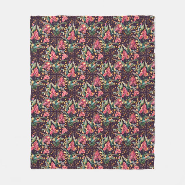 Couverture Polaire Fleurs d'Iris rose et violet Aquarelle Florale (Devant)