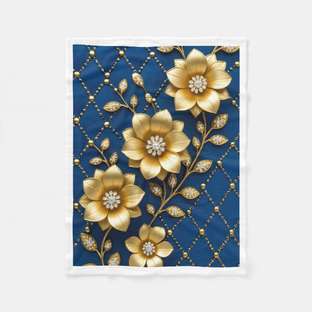 Couverture Polaire Fleurs Dorées Plaid Bleu et Or (Devant)