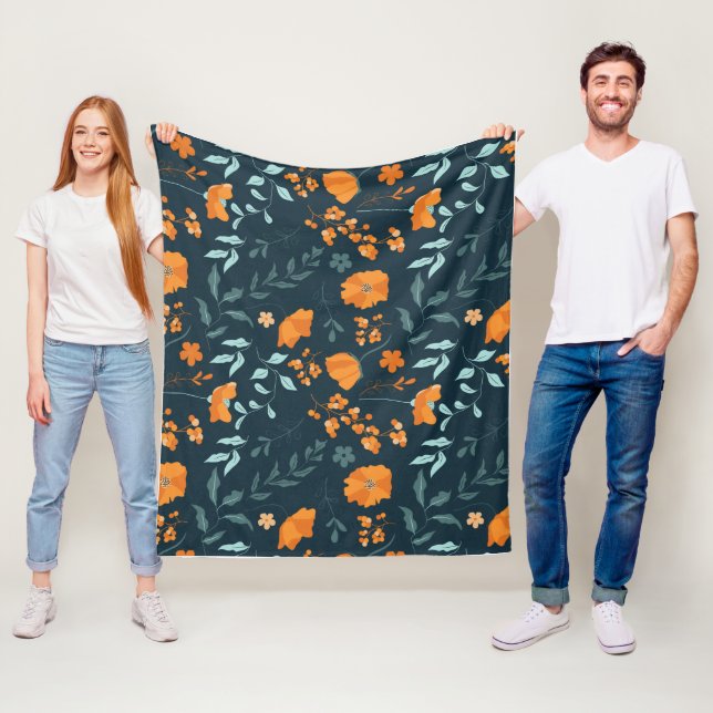 Couverture Polaire fleurs et baies d'orange vif avec bleu-vert (En situation)
