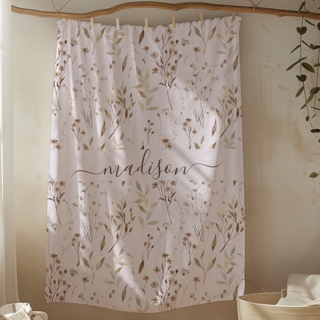 Couverture Polaire Fleurs et feuilles séchées marron en monogramme d' (In situ)