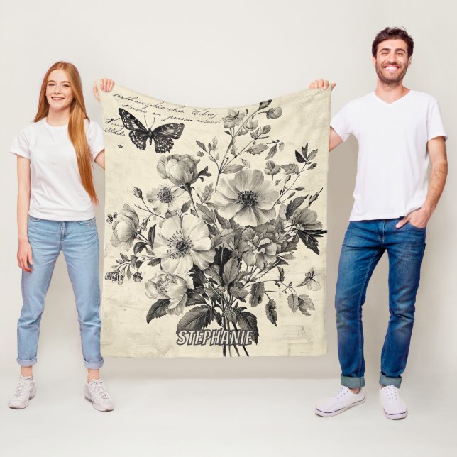 Couverture Polaire Fleurs et papillons rustiques - Papier vieilli (8) (En situation)