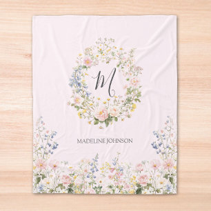 Couverture Polaire Fleurs Florales Aquarelle Rose Bleu Monogramme 