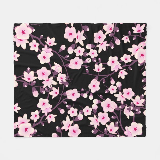 Couverture Polaire Fleurs florales de cerisier rose noir (Devant (Horizontal))